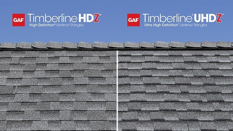side by side comparison of timberline hdz and timberline uhdz shingle swatches on a house